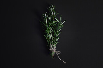 bunch of rosemary the middle, tied with string, shot from the top on a black background