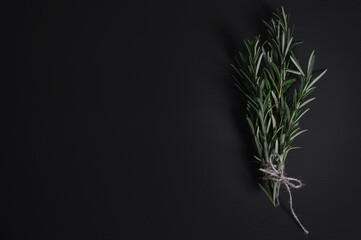 bunch of rosemary tied with string on the right, shot from the top on a black background