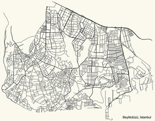Black simple detailed street roads map on vintage beige background of the neighbourhood district Beylikdüzü of Istanbul, Turkey