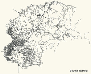 Black simple detailed street roads map on vintage beige background of the neighbourhood district Beykoz of Istanbul, Turkey