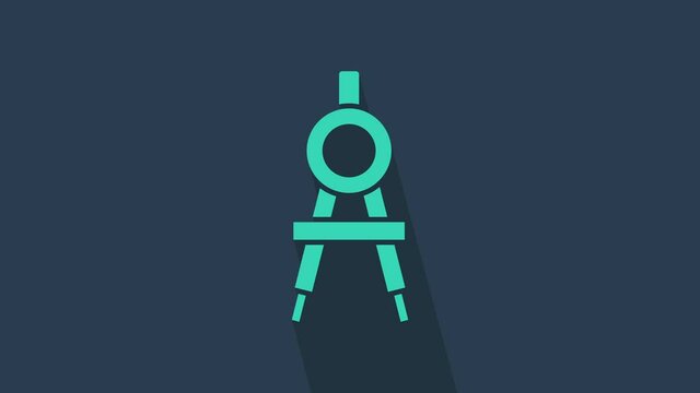 Turquoise Drawing compass icon isolated on blue background. Compasses sign. Drawing and educational tools. Geometric instrument. 4K Video motion graphic animation.