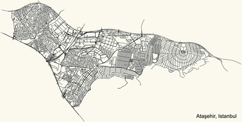 Black simple detailed street roads map on vintage beige background of the neighbourhood district Ataşehir of Istanbul, Turkey