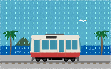 雨の中、海沿いを走る電車のベクターイラスト