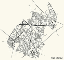 Black simple detailed street roads map on vintage beige background of the neighbourhood district Şişli of Istanbul, Turkey