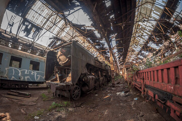 Fototapeta na wymiar Abandoned Red Star Train Graveyard in Budapest, Urbex Hungary