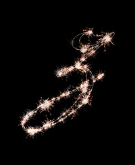 the letter z made from sparks of Bengal lights isolated on a black background.