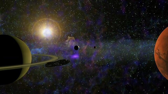 Interstellar asteroid Oumuamua in a fictional solar system with large planets. 3d Oumuamua model: Credit: ESO/M. Kornmesse