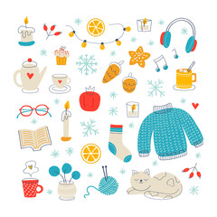 Cozy Home Winter themed set with cute colorful hand drawn elements on white background.