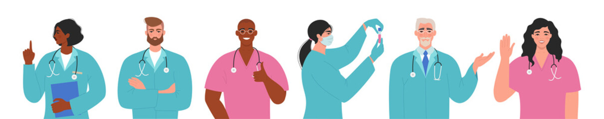 Team of doctors and nurses. Professional healthcare workers set. International group of male and female doctor characters. Medical staff. Flat vector illustration isolated on white background