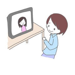 モニター越しに会話する人のイラスト（棒人間）