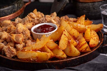 Torresmo frito com batatas assadas