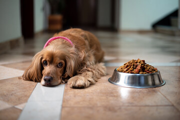 cocker spaniel sitting in front of a bowl