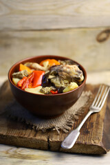 Stew of vegetables and chicken. Hotpot. Delicious homemade food.