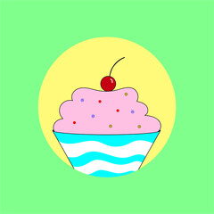 cupcake with pink cream and cherry on top, vibrant colour and small candy chips, illustration with minimalist  figures
