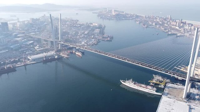 Aerial view over the famous Golden bridge in Vladivostok