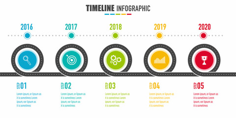 5 years roadmap, project milestones, timeline infographics for annual report and presentation