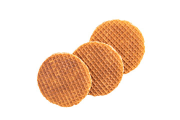 Isolated die cut clipping path traditional authentic Dutch Netherland sweet fresh homemade delicious tasty stack brown golden waffle piece butter caramel honey dessert cafe coffee tea call Stroopwafel