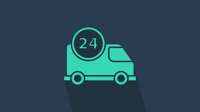 Turquoise Fast round the clock delivery by car icon isolated on blue background. 4K Video motion graphic animation.