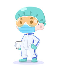 Cute cartoon style medical staff in protective suit and mask holding clipboard illustration
