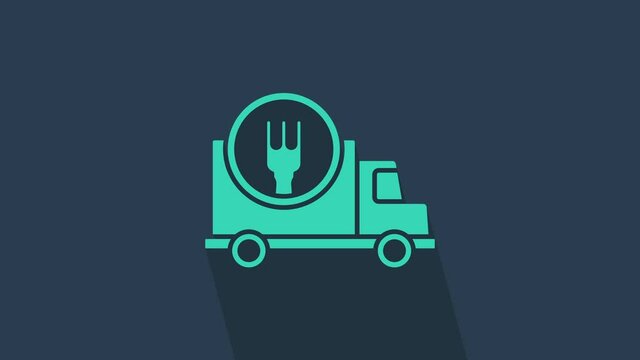 Turquoise Fast round the clock delivery by car icon isolated on blue background. 4K Video motion graphic animation.