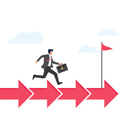 Obraz premium Man run above forward arrows to target metaphor of work on process.