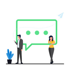 Man hold phone while woman wait for the message metaphor of online conversation.