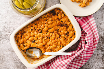 Baked beans organic homemade vegetarian and vegan dish traditional food on the table in ceramic bowl - Serbian Montenegrin bosnian macedonian croatian slovenian and Bulgarian cuisine top view