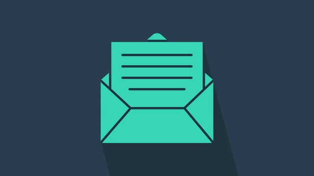 Turquoise Envelope icon isolated on blue background. Email message letter symbol. 4K Video motion graphic animation.