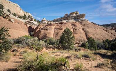 Golden sandstone geographical formations with a desert prairie landscape on a hot summer day at the Cohan Canyon Trail in Capitol Reef National Park Southern Utah.
