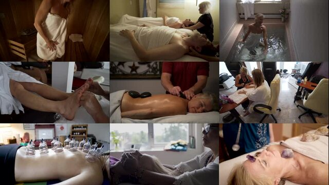 Spa massage healthcare 9 videos in a multiscreen showcase collage of portraits, video wall, animated image wall montage.