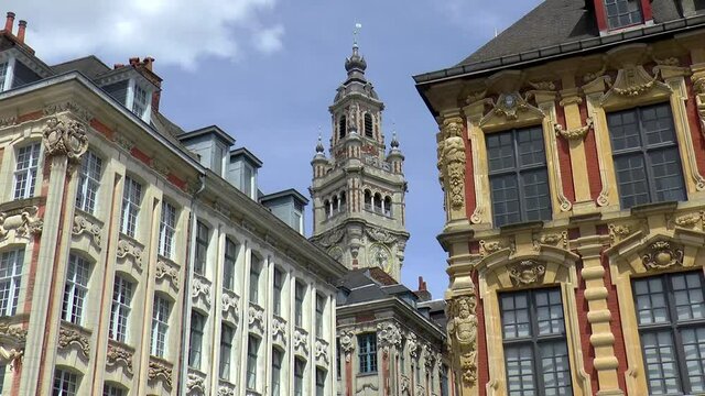 Stock Exchange, Vieille Bourse de Lille, and Chamber of Commerce Belfry in Old Town Lille, France.