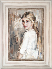 framed art painting. Portrait of a  little girl with braids is made in a modern style.