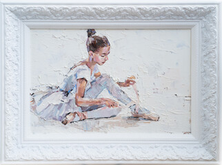 A young ballerina in light tutus prepares for performances. The background is white. Framed oil painting on canvas.
