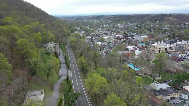 Aerial Of Early Spring Pushing Into Berkeley Springs, WV.