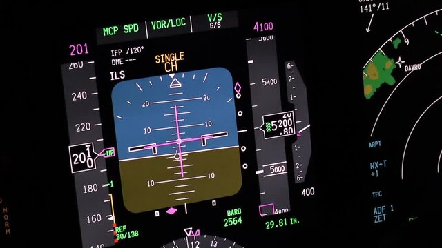 Flight instruments display of a modern passenger airplane flying at night. Actual cockpit footage. Aircraft is descending for landing.