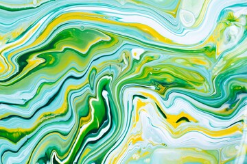 Fluid art texture. Abstract background with swirling paint effect. Liquid acrylic artwork with flows and splashes. Mixed paints for background or poster. Blue, yellow and green overflowing colors