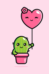 cute cactus flower character design holding a balloon