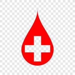 Red blood drop with cross, medical icon, vector illustration.