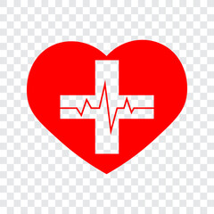 Red heart with pulse beat and cross, isolated medical symbol, vector illustration.