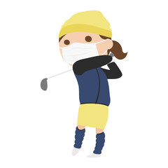若い女性のイラスト。感染予防のマスクを付けて、スポーツのゴルフを楽しんでいる女性。