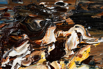 Embossed pasty oil paints and reliefs. Primary colors: brown, ocher, white, yellow, black. Abstract art.