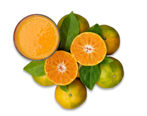 Top view orange juice in glass and fresh citrus around with clipping path