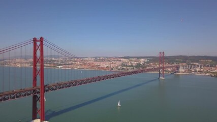  bridge 25 de abril in Lisbon Portugal, Almada view of the Capital.  flight over tejo