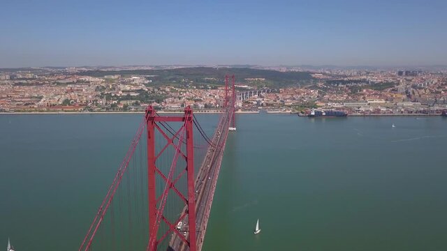drone image of bridge 25 de abril in Lisbon Portugal, Almada view of the Capital.  top view