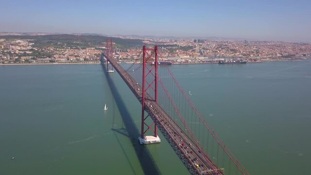 drone image of bridge 25 de abril in Lisbon Portugal, Almada view of the Capital.  