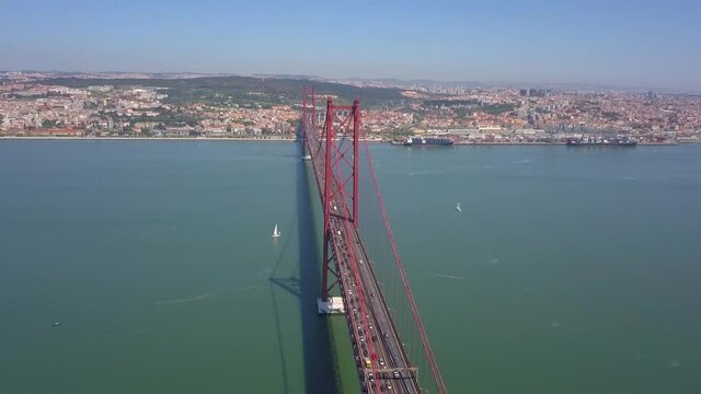 drone image of bridge 25 de abril in Lisbon Portugal, Almada view of the Capital.  high view