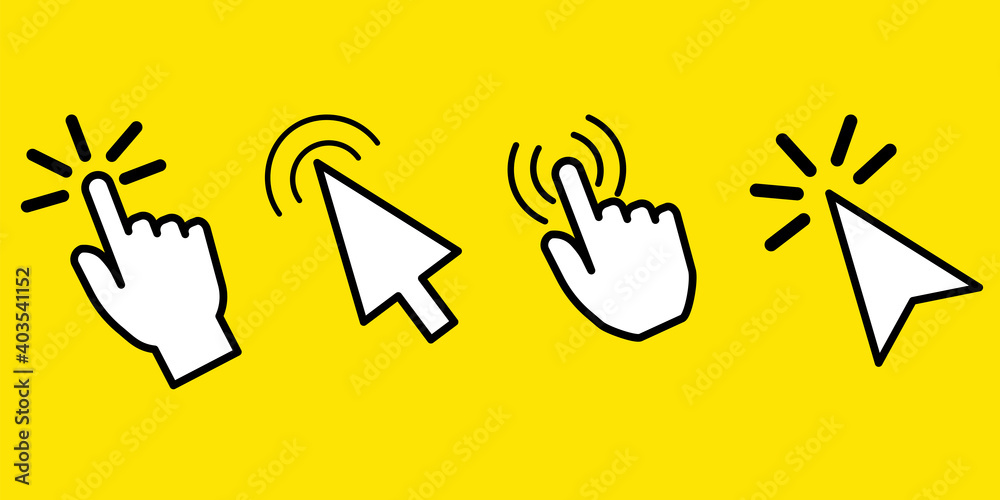 Poster flat button with cursors on yellow background. pointer icon. cursor sign. hand cursor icon. click ar