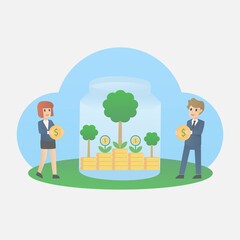 Money growth investment concept,financial planning,return and opportunity to wealth from saving money,investor man and woman hold coin dollar,plant on money stack,Vector illustration.