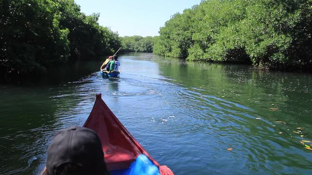 paseo de familia sobre un hermoso r&iacute;o con conexi&oacute;n al mar y a manglares.