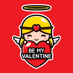 The cute cupid girl character design hugs a big heart